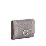 BULGARI BULGARI compact yen wallet in silver pearled karung skin outside with foggy opal grey nappa leather interior. Iconic palladium-plated brass clip with flap closure. 293496 image 1