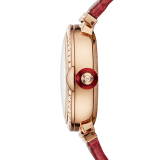 LVCEA Skeleton watch with mechanical manufacture movement, automatic winding, 18 kt rose gold case set with diamonds, openwork BVLGARI logo dial set with diamonds and red alligator bracelet 102833 image 3
