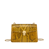 Serpenti Forever mini crossbody bag in gold-shaded python skin with 24 kt gold treatment and black nappa leather lining. Captivating snakehead magnetic closure in gold-plated brass including 3 µ of 24 kt gold and embellished with "diamantatura" engraving on the scales and black onyx eyes. Exclusive Bulgari 50th anniversary in the US Edition. 292592 image 1
