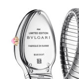 Serpenti Tubogas Studs Capsule single-spiral watch in stainless steel with 18 kt yellow gold diamond-set bezel, 18 kt yellow gold studs on the bracelet, and mother-of-pearl dial. Water-resistant up to 30 metres. Serpenti-Tubogas-Studs-Capsule image 3