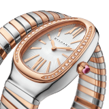 Serpenti Tubogas Lady watch, 35 mm stainless steel curved case, 18 kt rose gold bezel set with diamonds, 18 kt rose gold crown set with a cabochon cut pink rubellite, silver opaline dial with guilloché soleil treatment and hand-applied indexes, 18 kt rose gold and stainless steel single spiral bracelet. Quartz movement, hours and minutes functions. Water proof 30 m. 102237 image 2