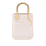 Serpentine mini tote bag in white Moonpearl alligator skin with crystal rose nappa leather lining. Captivating snake body-shaped handles in light gold-plated brass embellished with engraved scales and red enamel eyes. 293444 image 1