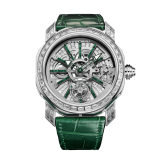 Octo Roma Naturalia watch with mechanical manufacture movement with manual winding, flying tourbillon set with diamonds, malachite bar indexes, platinum case and malachite middle case set with diamonds, spider web setting on the bridges with baguette-cut diamonds and green rubber bracelet. Water-resistant up to 50 metres 103828 image 1
