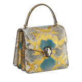 “Serpenti Forever ” top handle bag in multicolor "Chimera" python skin with Lavander Amethyst lilac nappa leather internal lining. Tempting snakehead closure in gold plated brass enriched with black and Lavander lilac enamel, and black onyx eyes 1122-Pa image 2