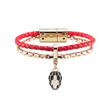 "Serpenti Forever" bracelet in braided, Amaranth Garnet red calfskin with snake body-shaped chain in light gold-plated brass, iconic snakehead charm in black and agate-white enamel, black enamel eyes and magnetic clasp fastening. SerpBraidChain-WCL-AG image 2