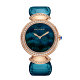 DIVAS' DREAM watch in 18 kt rose gold with brilliant-cut diamonds set on the bezel and the links, natural peacock-feather dial and green alligator bracelet. Water resistant up to 30 meters 103767 image 1