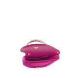 Serpenti Cuoricino mini top handle bag in magenta satin with magenta nappa leather lining. Captivating snake body-shaped top handle in light gold-plated brass embellished with engraved scales; press-button closure. SRN-001-1366XS image 3
