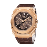 Octo Finissimo Chronograph GMT watch with mechanical manufacture ultra-thin movement (3.30 mm thick), automatic winding, 43 mm satin-polished 18 kt rose gold case, brown lacquered dial with sunray finishing and brown alligator bracelet. Water-resistant up to 100 meters. 103468 image 5