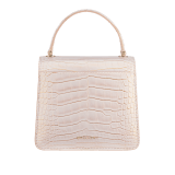 Serpenti Forever small top handle bag in white Moonpearl alligator skin with crystal rose nappa leather lining. Captivating snakehead magnetic closure in light gold-plated brass embellished with white agate enamel and pink quartz scales and black onyx eyes. 293468 image 3