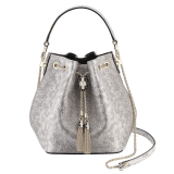 Serpenti Forever small bucket bag in milky opal beige metallic karung skin with milky opal beige nappa leather lining. Captivating snakehead closure in light gold-plated brass embellished with black and glitter milky opal beige enamel scales and black onyx eyes. 934-MK image 1
