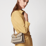 Serpenti Forever Maxi Chain small crossbody bag in foggy opal grey Metropolitan calf leather with linen agate beige nappa leather lining. Captivating snakehead magnetic closure in gold-plated brass embellished with grey agate scales and red enamel eyes. 1134-MCMC image 1