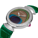 Divas’ Dream watch with mechanical manufacture movement, automatic winding, 18 kt white gold case and links set with brilliant-cut diamonds, natural peacock feather dial and green alligator bracelet. Water-resistant up to 30 meters. Limited edition of 25 pieces. 103885 image 2