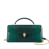 Serpenti Forever Elongated top handle bag in forest emerald shiny karung with black nappa leather lining. Captivating snakehead magnetic closure in gold-plated brass embellished with forest emerald enamel and gold-plated brass scales, and black onyx eyes. 295674 image 4