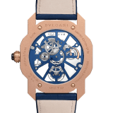 Octo Roma Tourbillon Sapphire watch with mechanical manufacture movement, manual winding and flying tourbillon, 44 mm 18 kt rose gold case, sapphire middle case, blue caliber decorated with 18 kt rose gold indexes on the bridges, blue alligator bracelet and 18 kt rose gold folding clasp 103157 image 4