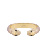Serpenti Forever bangle bracelet in gold-finished brass with rose gold space lamb leather inserts. Captivating contraire snakehead motif in gold-finished brass embellished with rose gold enamel, gold-finished brass scales and black enamel eyes. BRACLT-SP-CONTR-spacelamb image 1