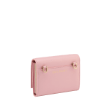 Serpenti Forever crossbody card holder in primrose quartz pink Metropolitan calf leather with flamingo quartz pink, primrose quartz pink and ivory opal nappa leather side details, and black moiré lining. Captivating magnetic snakehead closure in light gold-plated brass embellished with red enamel eyes. 292837 image 3