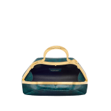 Serpentine mini top handle bag in bright forest emerald shiny karung with black nappa leather lining. Captivating snake body-shaped top handle in gold-plated brass embellished with engraved scales and red enamel eyes, press-button closure and gold-plated brass hardware. 294311 image 3