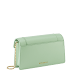 Serpenti Forever chain pochette in light peridot calf leather with Bright Travertino nappa leather lining. Captivating snakehead magnetic closure in gold-plated brass embellished with light peridot enamel, and black onyx eyes. 295326 image 3