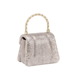 Serpenti Reverse micro top handle bag in white agate metallic karung skin with black nappa leather lining. Captivating snakehead magnetic closure in light gold-plated brass embellished with red enamel eyes. 293440 image 5