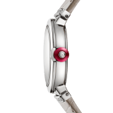 LVCEA watch with stainless steel case, white mother-of-pearl Intarsio marquetry dial, diamond indexes, stainless steel links set with diamonds and gray alligator bracelet and steel ardillon buckle. 103367 image 3