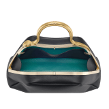 Serpentine small top handle bag in black smooth calf leather with emerald green nappa leather lining. Captivating snake body-shaped top handle in gold-plated brass embellished with engraved scales and red enamel eyes, press button closure and light gold-plated brass hardware. SRN-1268a image 4