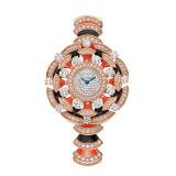 DIVAS' DREAM Uhr mit Gehäuse und Armband aus 18 Karat Roségold, beide mit Diamanten im Brillantschliff, Elementen aus Onyx und roter Koralle, mit Zifferblatt in Neige Pavé-Technik 102422 image 1