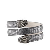 Serpenti Forever multi-coiled rigid Cleopatra bracelet in charcoal diamond metallic karung skin, with brass light gold plated hardware. Iconic double snakehead décor in black and glitter charcoal diamond enamel, with black enamel eyes. Cleopatra-MK-CD image 1