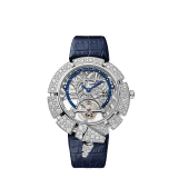 Serpenti Incantati Limited Edition watch with mechanical manufacture skeletonized movement, tourbillon and manual winding. 18 kt white gold case set with brilliant cut diamonds, transparent dial and blue alligator bracelet. 102541 image 1