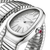 Serpenti Tubogas Lady watch, 35 mm stainless steel curved case, stainless steel crown set with a cabochon cut pink rubellite , silver opaline dial with guilloché soleil treatment and hand-applied indexes, double spiral stainless steel bracelet. Quartz movement, hours and minutes functions. Water proof 30 m. 101911 image 2