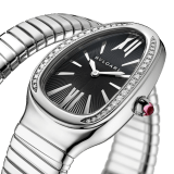 Serpenti Tubogas single spiral watch with stainless steel case and bracelet, bezel set with brilliant-cut diamonds and black dial with guilloché soleil treatment. Water-resistant up to 30 metres. Large size SERPENTI-TUBOGAS-1T-BlackDialDiam image 2