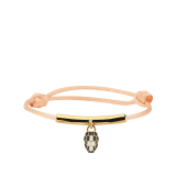 "Serpenti Forever" bracelet in Rose Gold pink fabric, with a gold-plated brass plate. Iconic snakehead charm enameled in black and white agate, with seductive black enamel eyes. SERP-MINISTRINGa image 1