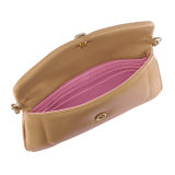 Serpenti Reverse soft envelope chain pouch in Sahara amber light brown quilted Metropolitan calf leather with taffy quartz pink nappa leather interior. Captivating snakehead magnetic closure in gold-plated brass embellished with red enamel eyes. SRV-CHAINCLUTCH image 2