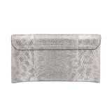 Serpenti evening clutch in milky opal metallic karung skin. Snakehead stud closure with tassel in light gold plated brass and top decorated with black and glitter milky opal enamel, and black onyx eyes. 526-001-0817S-MK image 3