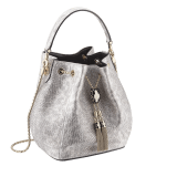 Serpenti Forever small bucket bag in milky opal beige metallic karung skin with milky opal beige nappa leather lining. Captivating snakehead closure in light gold-plated brass embellished with black and glitter milky opal beige enamel scales and black onyx eyes. 934-MK image 2