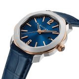 Octo Roma watch with mechanical manufacture movement, automatic winding, stainless steel and 18 kt rose gold case, blue dial and blue alligator bracelet. Water resistant up to 50 metres 103205 image 2