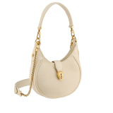 Serpenti Ellipse small crossbody bag in Urban grain and smooth ivory opal calf leather with flamingo quartz pink grosgrain lining. Captivating snakehead closure in gold-plated brass embellished with black onyx scales and red enamel eyes. 1204-UCLa image 2