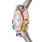 Allegra watch with 18 kt rose gold case set with brilliant-cut diamonds, 2 citrine, 2 amethysts, 2 blue topazes, a peridot and a rhodolite, mother-of-pearl dial, 12 diamond indexes and taupe shimmering alligator bracelet. Water resistant up to 30 metres 103493 image 3