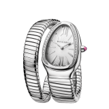 Serpenti Tubogas Lady watch, 35 mm stainless steel curved case set with diamonds, stainless steel crown set with a cabochon cut pink rubellite, silver opaline dial with guilloché soleil treatment and hand-applied indexes, single spiral stainless steel bracelet. Quartz movement, hours and minutes functions. Water proof 30 m. SrpntTubogas-white-dial2 image 2