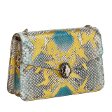 Serpenti Forever shoulder bag in multicolour Early Bright python skin with caramel topaz beige nappa leather lining. Captivating snakehead closure in light gold-plated brass embellished with black and caramel topaz beige enamel scales and black onyx eyes. 1140-P image 2