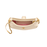 Serpenti Ellipse small crossbody bag in Urban grain and smooth flamingo quartz pink calf leather with flamingo quartz pink gros grain lining. Captivating snakehead closure in gold-plated brass embellished with black onyx scales and red enamel eyes. Online exclusive colour. 1204-UCLa image 6