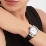 LVCEA watch with polished stainless steel case set with diamonds, white mother-of-pearl intarsia marquetry dial, 11 diamond indexes and black alligator bracelet 103476 image 5