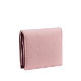 Bulgari Logo compact wallet in primrose quartz pink calf leather with hot-stamped Infinitum pattern all over and anemone spinel pinkish-red nappa leather interior. Light gold-plated brass hardware and press-stud closure. BVL-COMPACTWLTa image 3