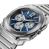 Octo Finissimo Chronograph GMT watch with mechanical manufacture movement, automatic winding, chronograph GMT 24h, 43 mm stainless steel case ( 8.75 mm thick), transparent caseback, blue dial with satin-polished finishes and silver counters, and satin-polished stainless steel bracelet. Water-resistant up to 100 meters 103467 image 2