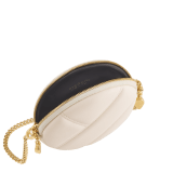 Serpenti Cabochon round pouch in azalea quartz pink calf leather with a maxi matelassé pattern and beetroot spinel fuchsia nappa leather interior. Captivating snakehead zip pullers in light gold-plated brass embellished with red enamel eyes, and zipped fastening. SCB-ROUNDPOCHETTE image 2