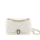 Serpenti Cabochon small shoulder bag in white agate soft matelassé calf leather with black nappa leather lining. Captivating snakehead closure in light gold-plated brass embellished with shiny black and white agate enamel scales and black onyx eyes. 1094-NSM image 1