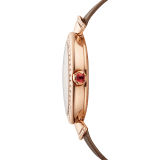 DIVAS' DREAM watch with in-house manufacture mechanical movement, automatic winding, 18 kt rose gold case, 18 kt rose gold bezel and fan-shaped links both set with brilliant-cut diamonds, natural peacock feather dial and shiny beige alligator strap 103139 image 3