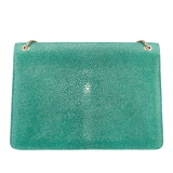 “Serpenti Forever” shoulder bag in emerald green galuchat skin. Iconic snake head closure in light gold plated brass enriched with black enamel, malachite scales and black onyx eyes. 289026 image 3