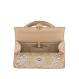 Serpenti Forever mini top handle bag in multigradient Fireworks Crystals with black nappa leather lining. Captivating snakehead magnetic closure in gold-plated brass embellished with diamond-cut engraving on the scales, and black onyx eyes. SEA-001-1283XS-fireworks image 3