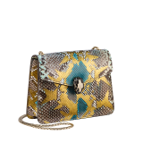"Serpenti Forever" crossbody bag in agate-white "Camo" python skin with Mimetic Jade green nappa leather inner lining. Alluring snakehead closure in light gold-plated brass enriched with black and pearly, agate-white enamel and black onyx eyes. 422-Pa image 2