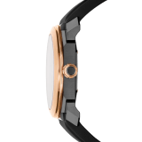 Octo watch with mechanical manufacture movement, automatic winding and date, stainless steel case treated with black Diamond Like Carbon, 18 kt rose gold bezel, black lacquered dial and black rubber bracelet. 102485 image 3